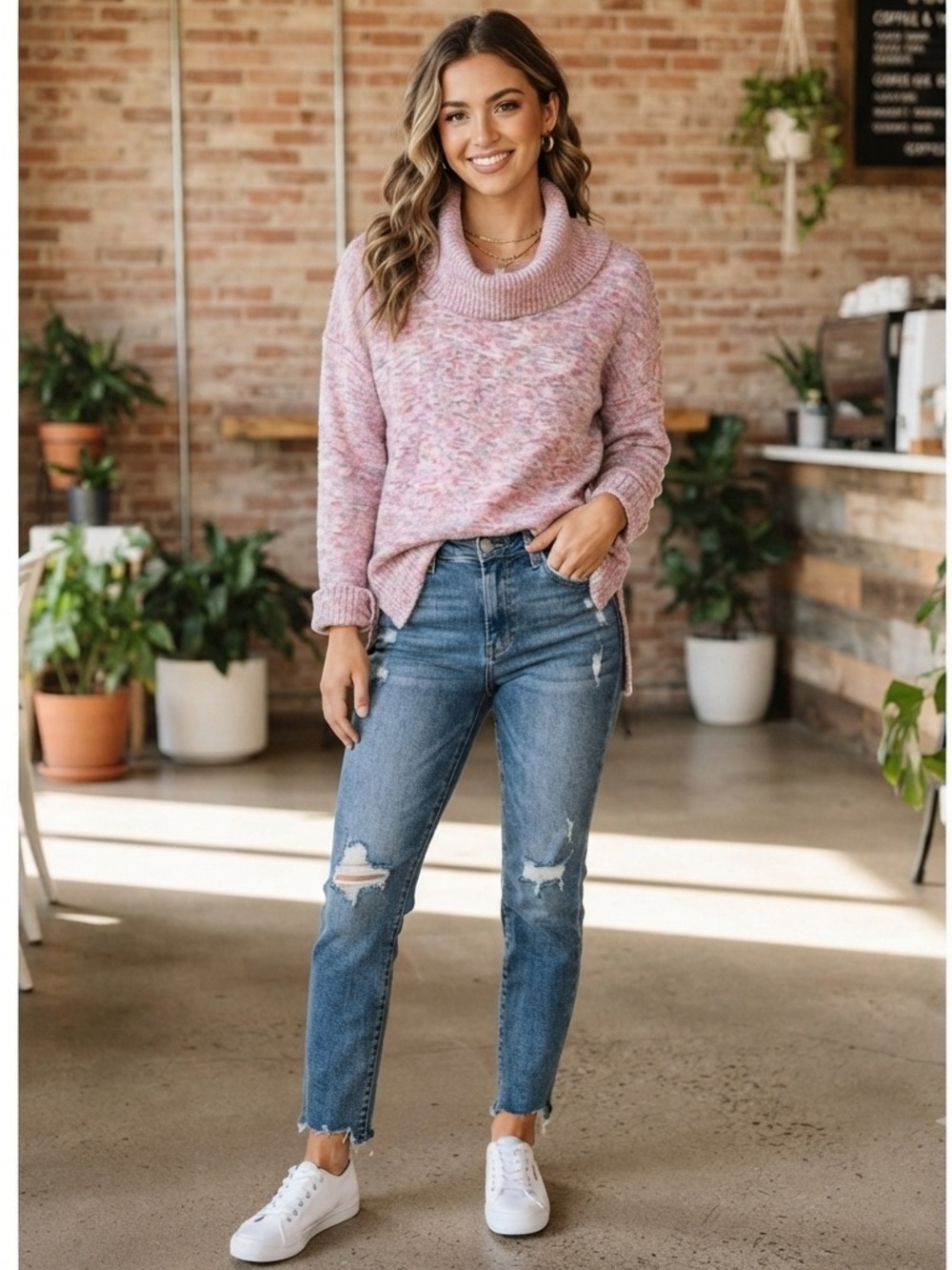 Cable & Gauge Marled Pink Cowl Neck Sweater